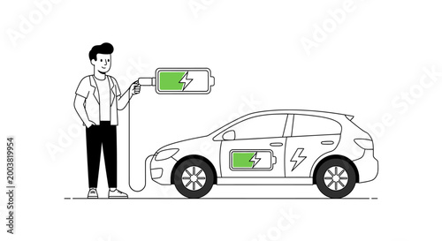 A man charging an electric car with a green battery icon illustration. EPS Editable. Vector Illustrations.