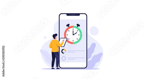 A man interacting with a time management mobile application interface. EPS Editable. Vector Illustrations.