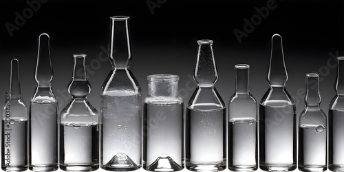 Collection of Transparent Medical Glass Bottles Representing Pharmaceutical Industry Laboratory Research Medicine Production and Scientific Development Concept