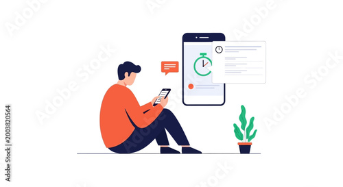 A person sitting on the floor using a smartphone for time management and productivity. EPS Editable. Vector Illustrations.