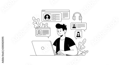 A person working on a laptop with digital communication icons. EPS Editable. Vector Illustrations.