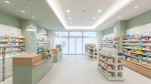 pharmacy space with organized retail shelves and checkout counter
