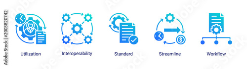 Process Management icon set featuring workflow,efficiency,standardization,and streamline concepts.Perfect for business operations,system integration,and productivity improvement.