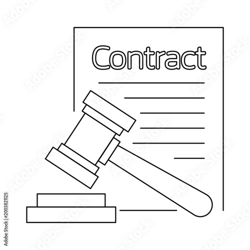 Legal contract with judge gavel icon. Law, justice, and agreement concept. Outline vector style.Editable stroke, Vector illustration, Line art Icon, Symbols.