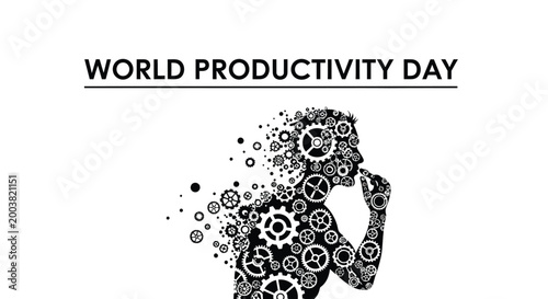 World productivity day graphic illustration depicting a human silhouette composed of gears and particles