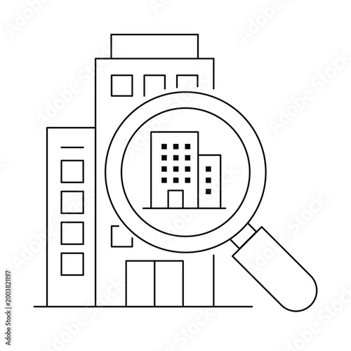 Real estate search icon. Magnifying glass over city building. Property find and analysis concept.Editable stroke, Vector illustration, Line art Icon, Symbols.