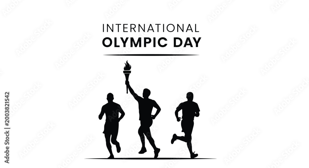 Obraz premium Illustration of three runners with one holding a torch aloft for international olympic day graphic