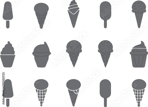 Grey Minimalist Ice Cream and Frozen Dessert Silhouette Icon Collection