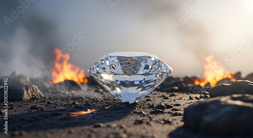 Large Sparkling Diamond on Volcanic Ground with Flames