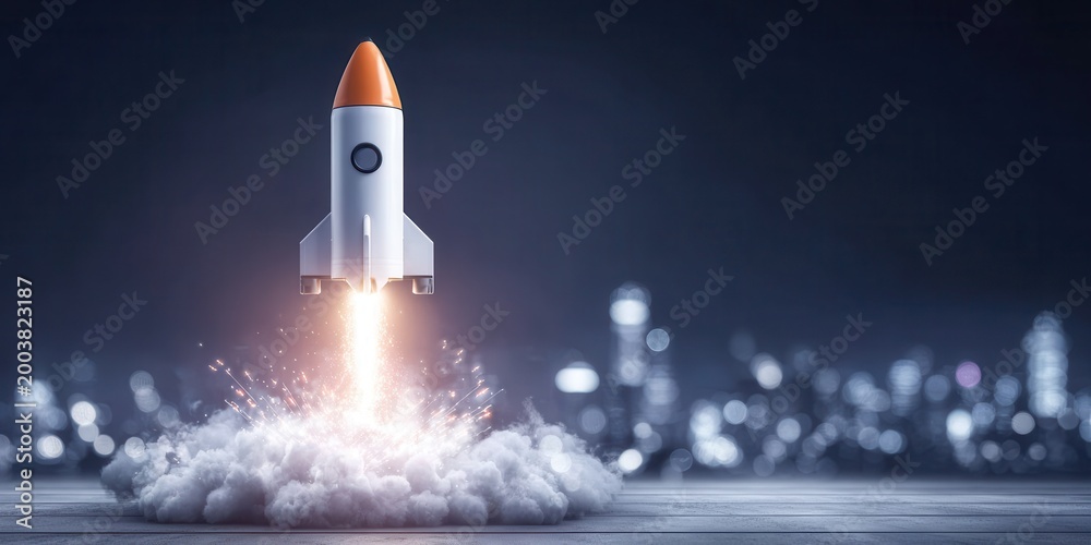 Fototapeta premium The rocket launch represents a breakthrough idea for the startup, driving innovation forward toward a goal of interstellar travel soon.