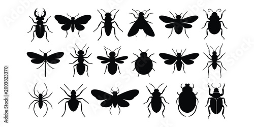 Collection of black insect silhouettes on white background