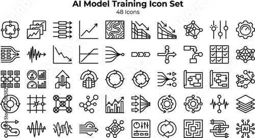 AI Model Training Icon Set Featuring Neural Networks, Data Pipelines, Optimization, Machine Learning Algorithms and Performance Analytics Concepts