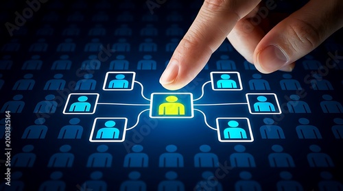 Human finger touching a glowing yellow user connected to blue network nodes on a dark digital interface