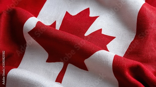 A close-up of the red and white Canadian flag with a maple leaf at its center. 