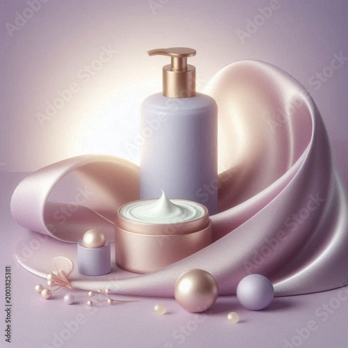 Soft lavender minimalist beauty background with silky texture, champagne accents, warm glow, feminine skincare branding concept, elegant commercial stock image