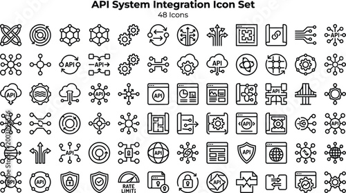 API System Integration Icon Set Featuring Data Exchange, Connectivity, Microservices, Cloud APIs, Automation and Software Architecture Concepts