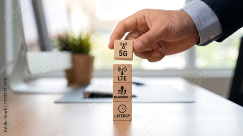 Businessman placing 5G cube on top of LTE bandwidth latency wooden blocks on office desk