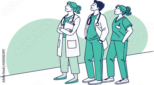 Three medical professionals in scrubs and lab coats standing together looking up in unison