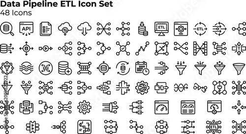 Data Pipeline ETL Icon Set Featuring Extraction, Transformation, Loading, Data Integration, Workflow Automation and Analytics Processing Concepts