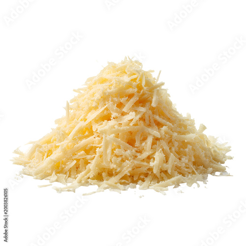 Pile of fresh grated parmesan cheese on white background for cooking