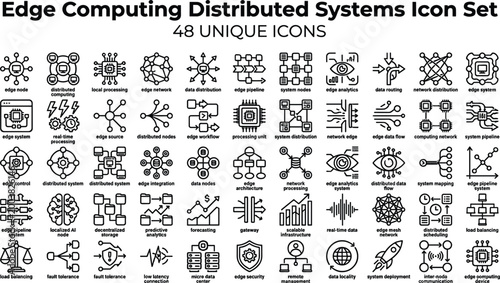 Edge Computing Distributed Systems Icon Set Featuring Network Nodes, Data Processing, IoT, Cloud Architecture and Decentralized Technology Concepts