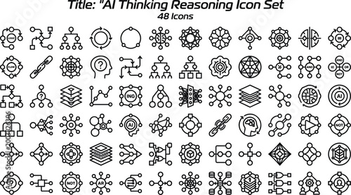 AI Thinking Reasoning Icon Set Featuring Neural Networks, Machine Learning, Data Processing, Cognitive Systems and Artificial Intelligence Concepts
