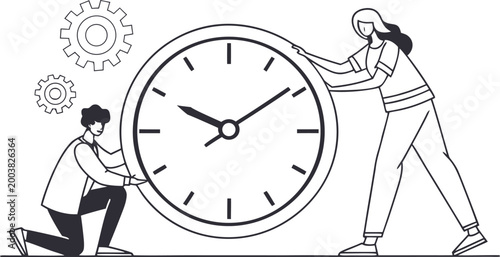 Two people working together to adjust a large clock with mechanical gears in the background