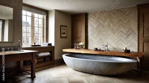 Luxurious modern bathroom features a freestanding stone soaking tub beneath warm wood accents and natural light.