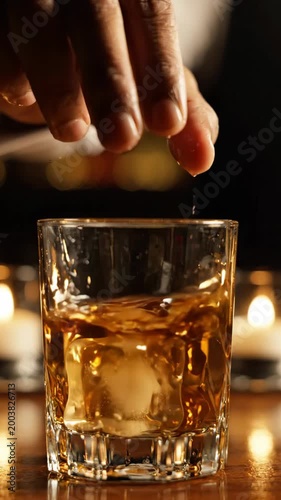 Hand Dropping Ice Cube into Whiskey Glass in Moody Bar Setting. Vertical video
