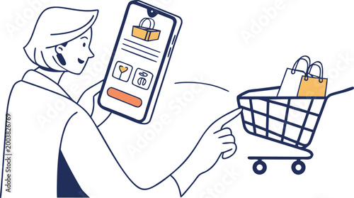 Woman using smartphone for online shopping with shopping cart on white background