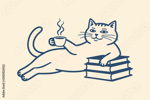 Cat Relaxing with Coffee and Books Illustration cozy steaming