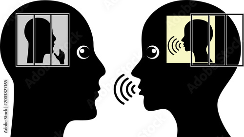 Foto Two heads communicating with thoughts and signals isolated on transparent backgr