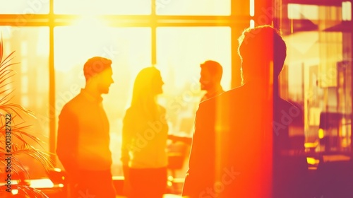 Four Professionals Engaging in Conversation with Sunset Backdrop