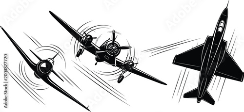 Konstfotografi Vintage propeller aircraft silhouettes in dynamic flight angles with motion line