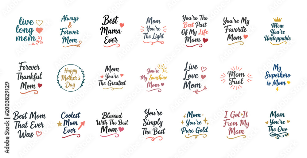 Naklejka premium Bundle of Mother's Day text designs and funny quotes Hand drawn vector labels featuring Mom Fuel, My Superhero is Mom, and You're My Sunshine Typography badges with lightning bolts, suns, and crowns