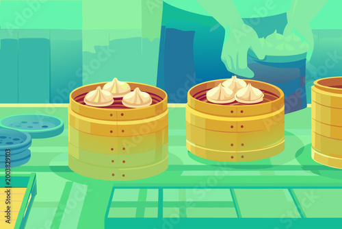Dim Sum Steamer Station Scene With Chef Loading