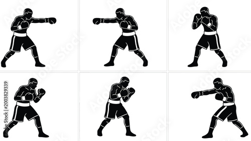 Silhouette of a boxer in various fighting stances and punches, isolated on white background.