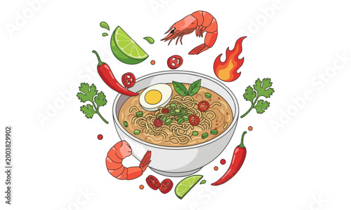 Spicy noodle soup bowl with floating ingredients vector illustration