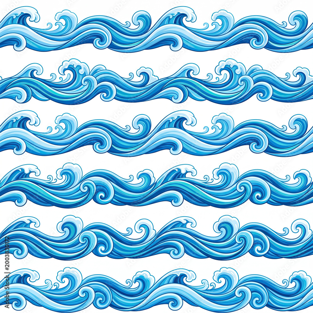 Fototapeta premium The beautiful blue ocean waves are crashing in a seamless pattern on the shore.