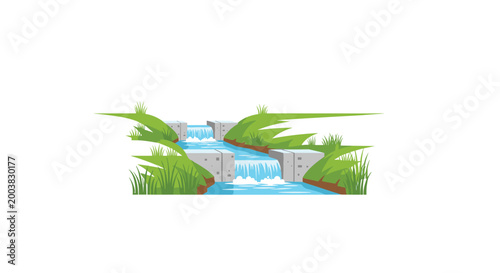 A small artificial water stream flows across two concrete stepped ledges into a grassy field under a bright outdoor sunlit environment with a soft blue water tone.
