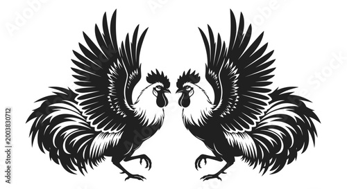 Foto Two Roosters Facing Each Other, Stylized Black and White Illustration