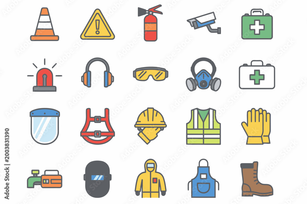 Obraz premium Industrial Safety PPE Icon Set for Occupational Health and Safety