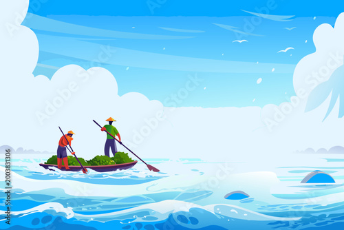 Algae And Kelp Harvesting Scene With Crew Members