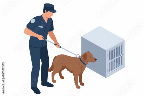 Security Officer with K9 Dog and Kennel Isometric Illustration