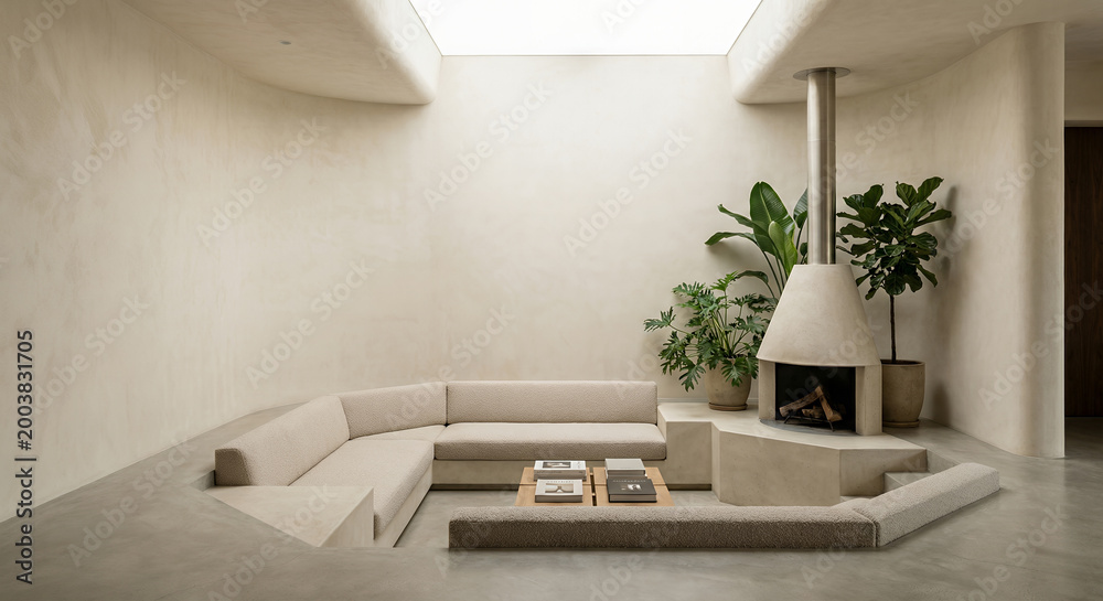 Fototapeta premium A minimalist living room with a sunken sectional sofa, a modern fireplace, and lush green plants, creating a serene and inviting atmosphere.