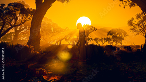 Bild auf Leinwand CGI Silhouette of Lucy the Hominid Under African Sunbeams - Human Evolution