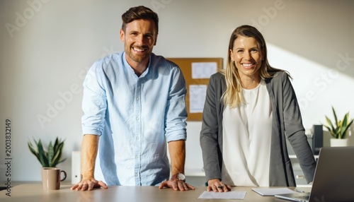 Team Collaboration and Partnership: Two professionals exude confidence and approachability, standing side-by-side, embodying a culture of trust and shared vision. Reflecting the power of partnership.
