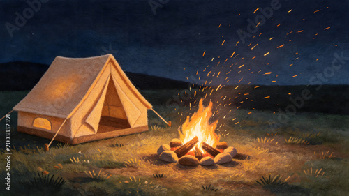 Cozy campfire at the campsite for outdoor camping leisure time #2003832391