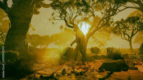 Bild auf Leinwand CGI Human Evolution: Australopithecus Africanus at Sunset earyl human