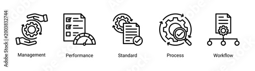 Process Management icon set featuring workflow,management,standard,and performance concepts.Ideal for business operations,system control,and productivity improvement.